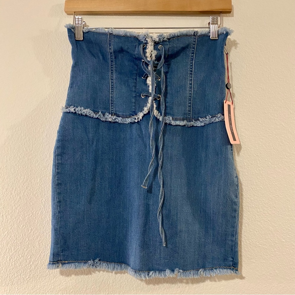 Y2K Blue Denim Lace Up Cotton Blend Mini Skirt